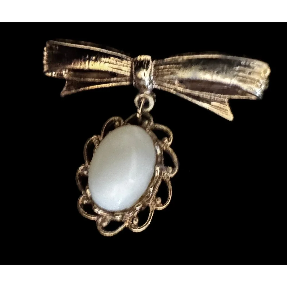 Vintage Gold Tone Bow Brooch White Oval Cabochon Dangle Scalloped Filigree Pin
